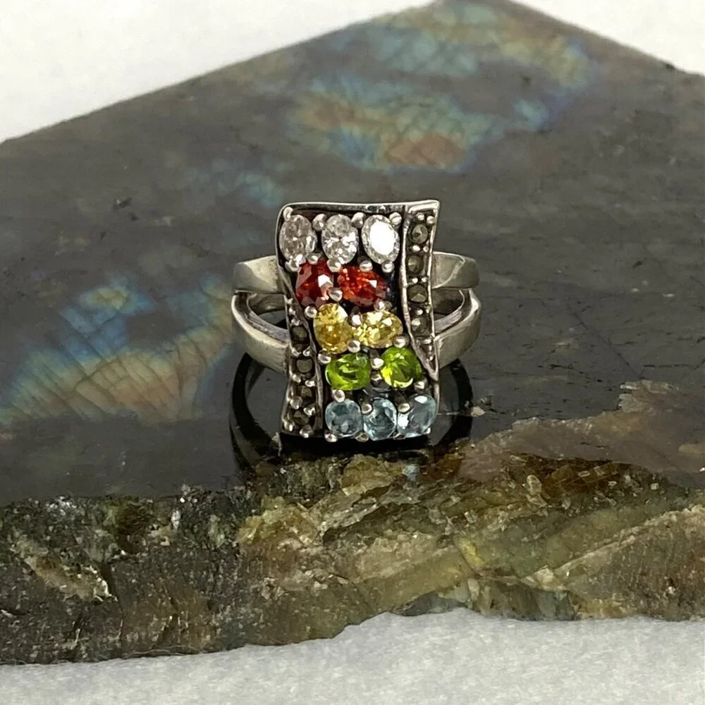 Sterling Silver 925 Multi Color Oval Cubic Zirconia CZ Ring Sz 7.75